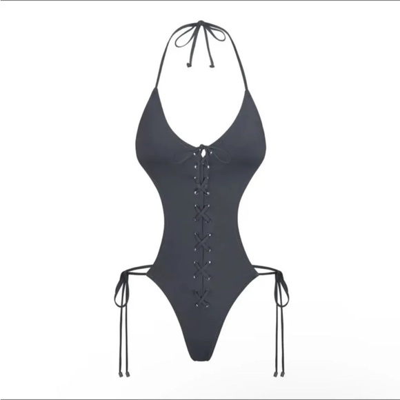 SKIMS lace up monokini one piece swimsuit gunmetal 4X NWT! - Picture 4 of 7